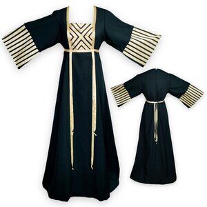 Vintage Aiko Womens 70s Black + Gold Bell Sleeve Tunic Caftan Maxi Dress 8